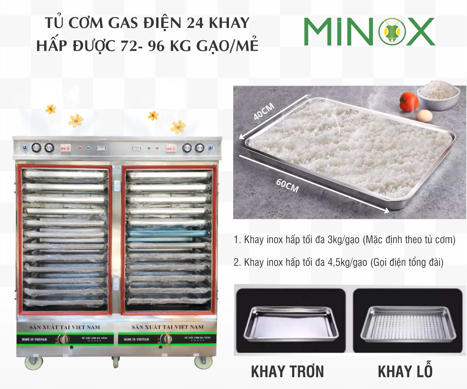 Tủ nấu cơm 24 khay ga điện hẹn giờ