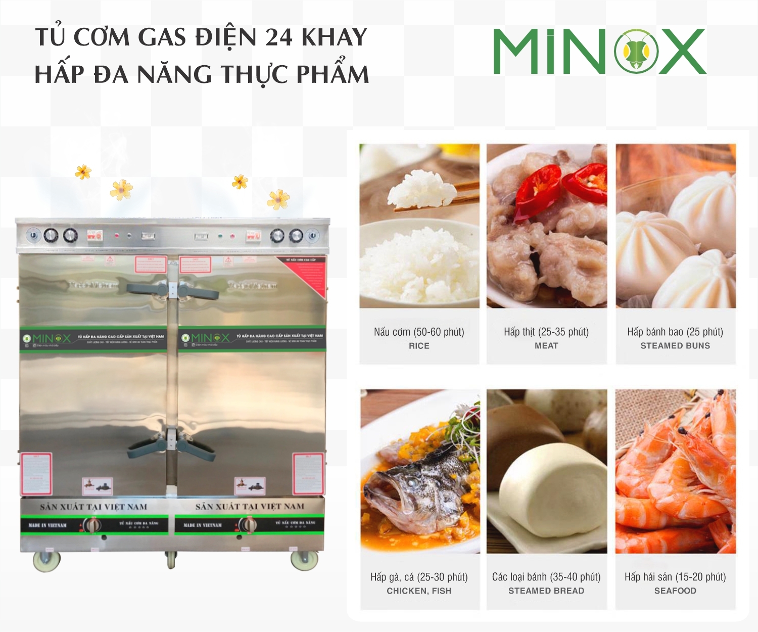 Tủ nấu cơm 24 khay ga điện hẹn giờ