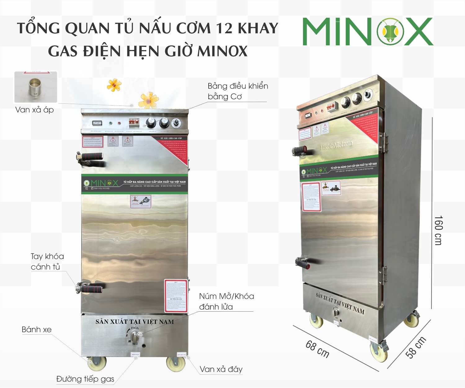 Tủ nấu cơm 12 khay ga điện hẹn giờ