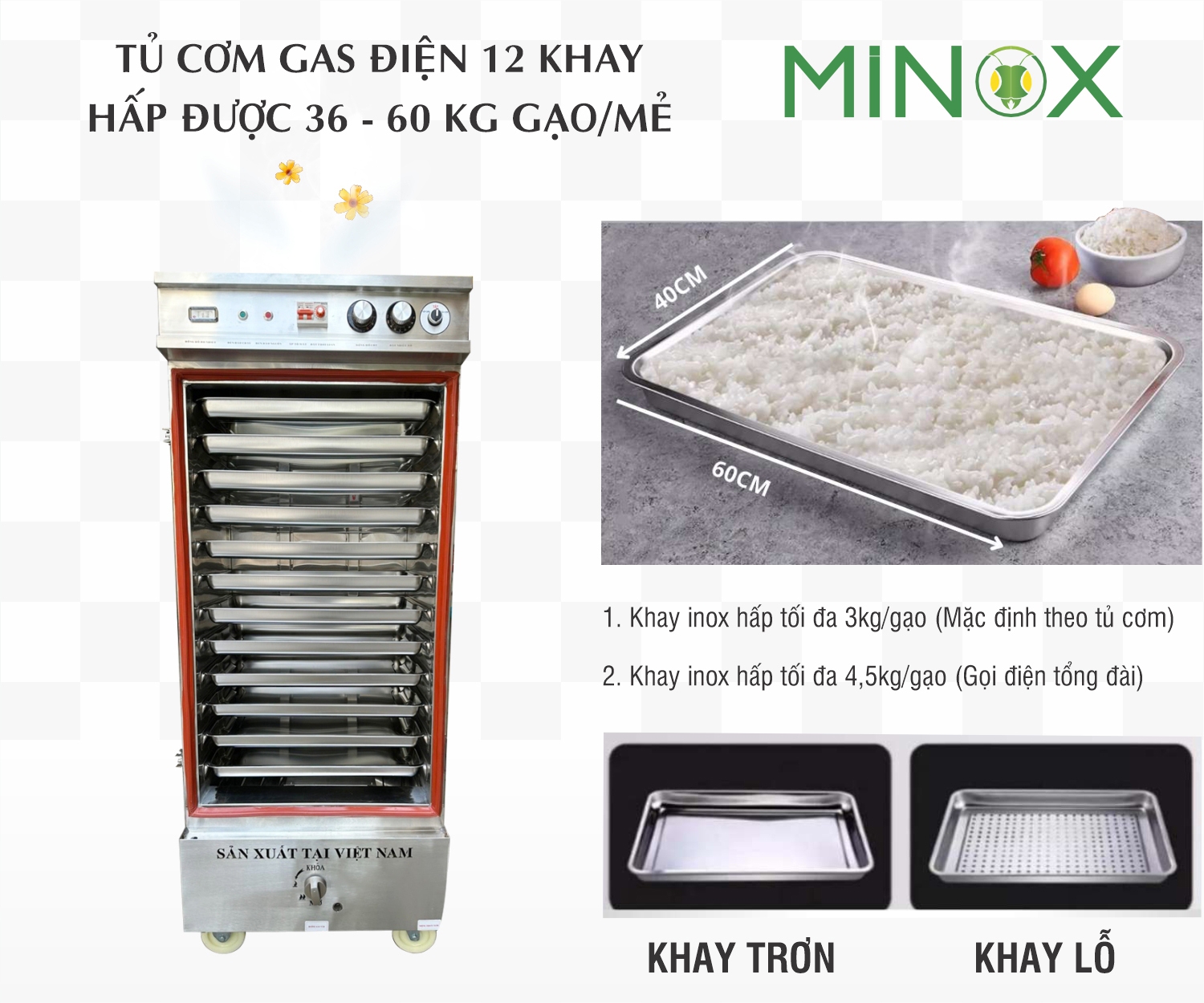 Tủ nấu cơm 12 khay ga điện hẹn giờ