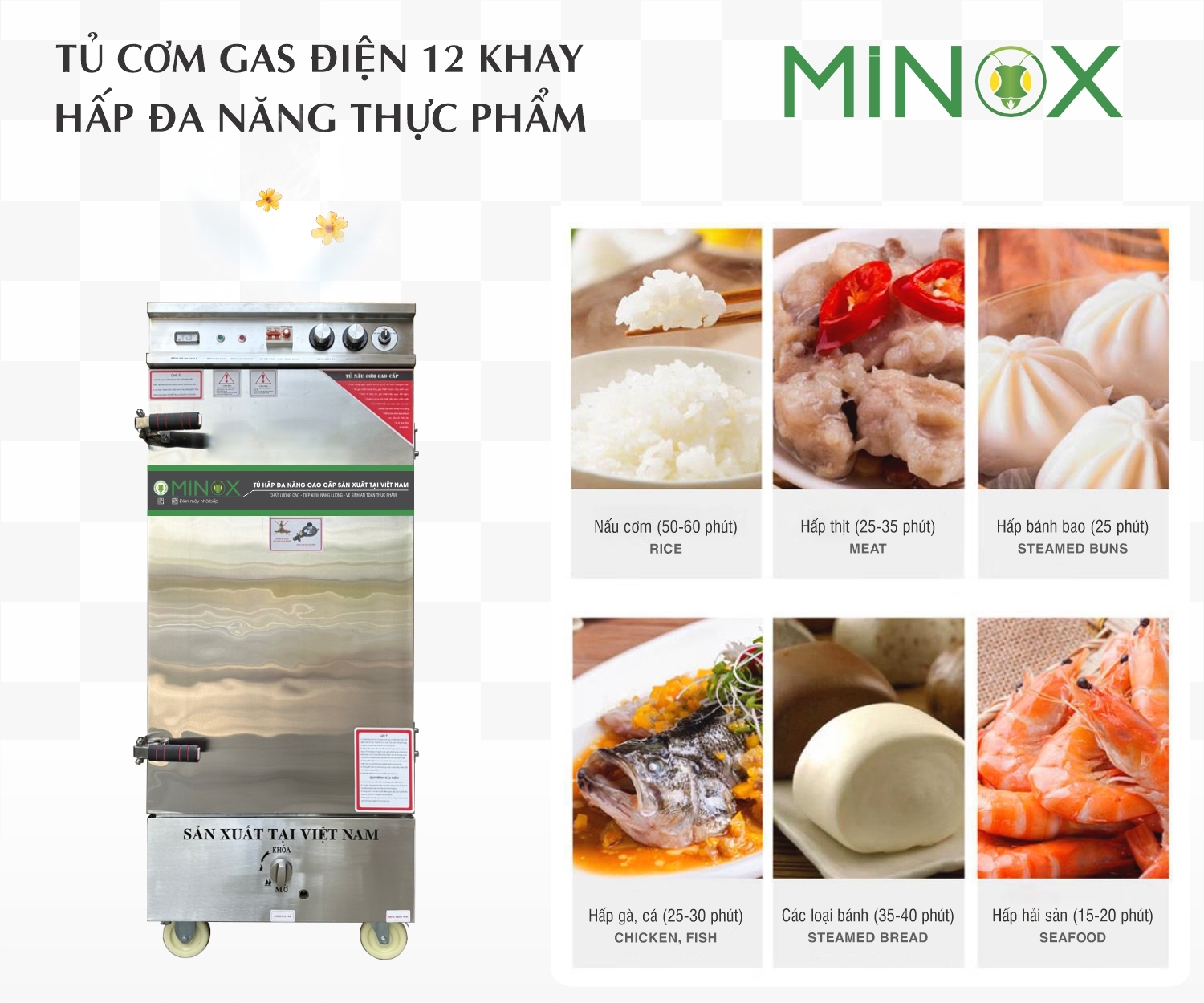 Tủ nấu cơm 12 khay ga điện hẹn giờ