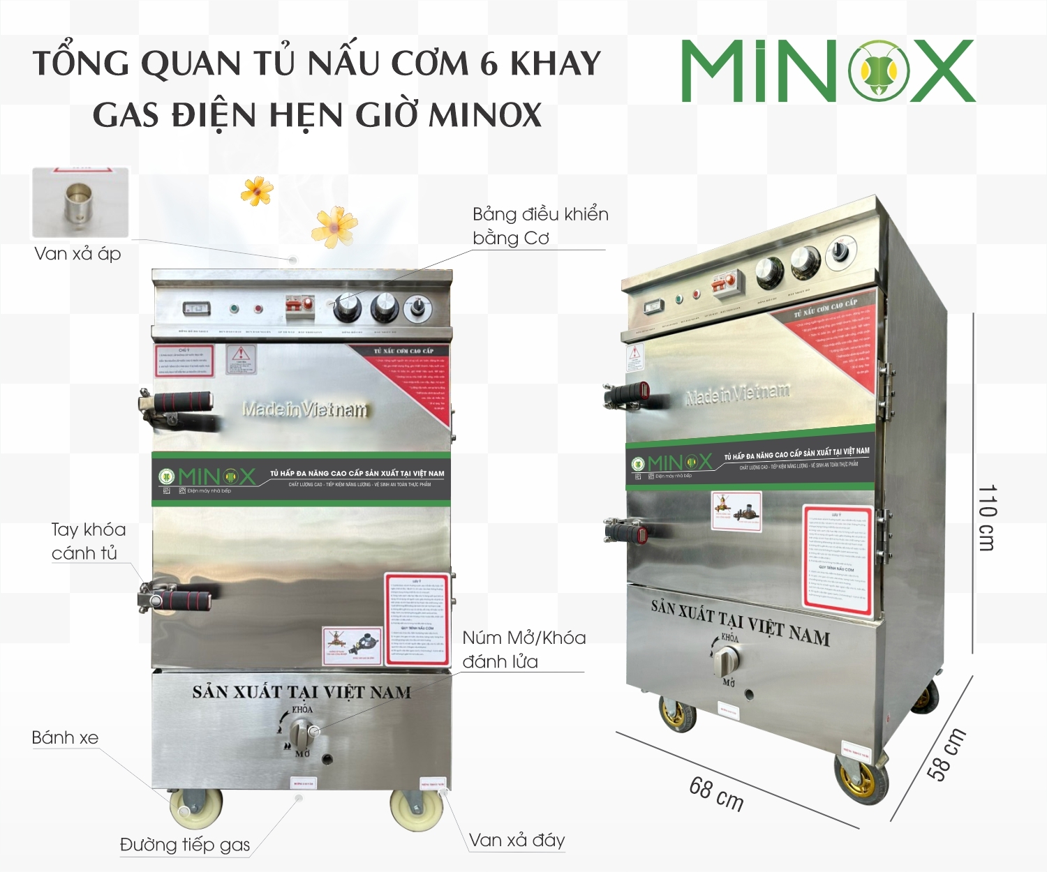 Tủ nấu cơm 6 khay ga điện hẹn giờ