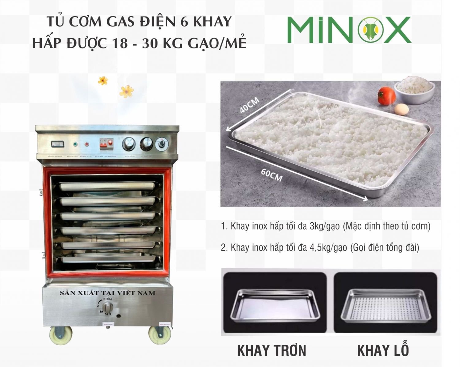 Tủ nấu cơm 6 khay ga điện hẹn giờ