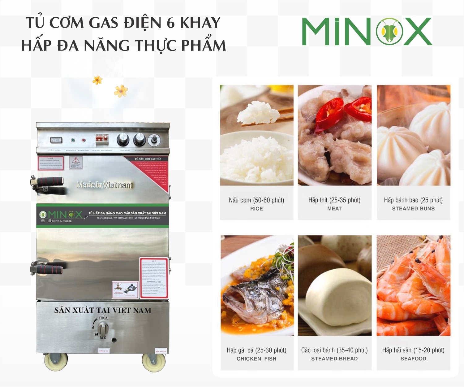 Tủ nấu cơm 6 khay ga điện hẹn giờ