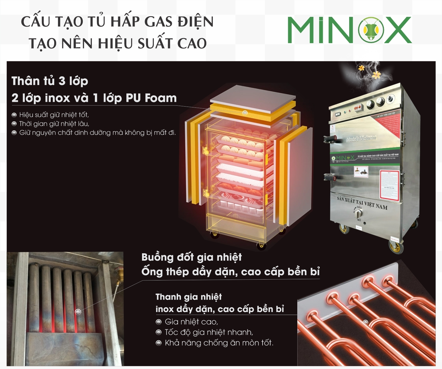 Tủ nấu cơm 6 khay ga điện hẹn giờ