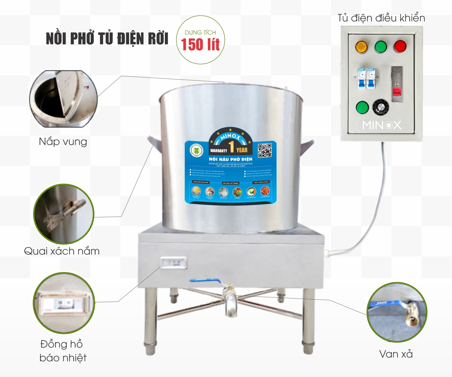 Nồi nấu phở 150L tủ điện rời