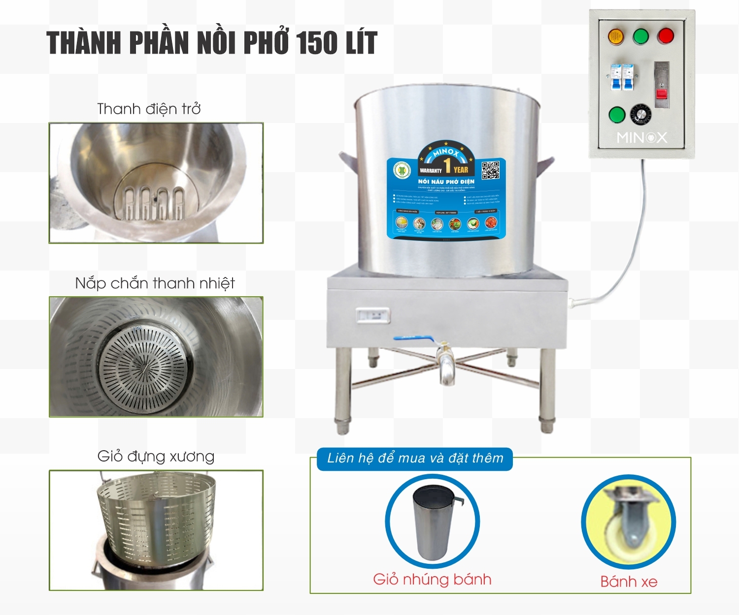Nồi nấu phở 150L tủ điện rời