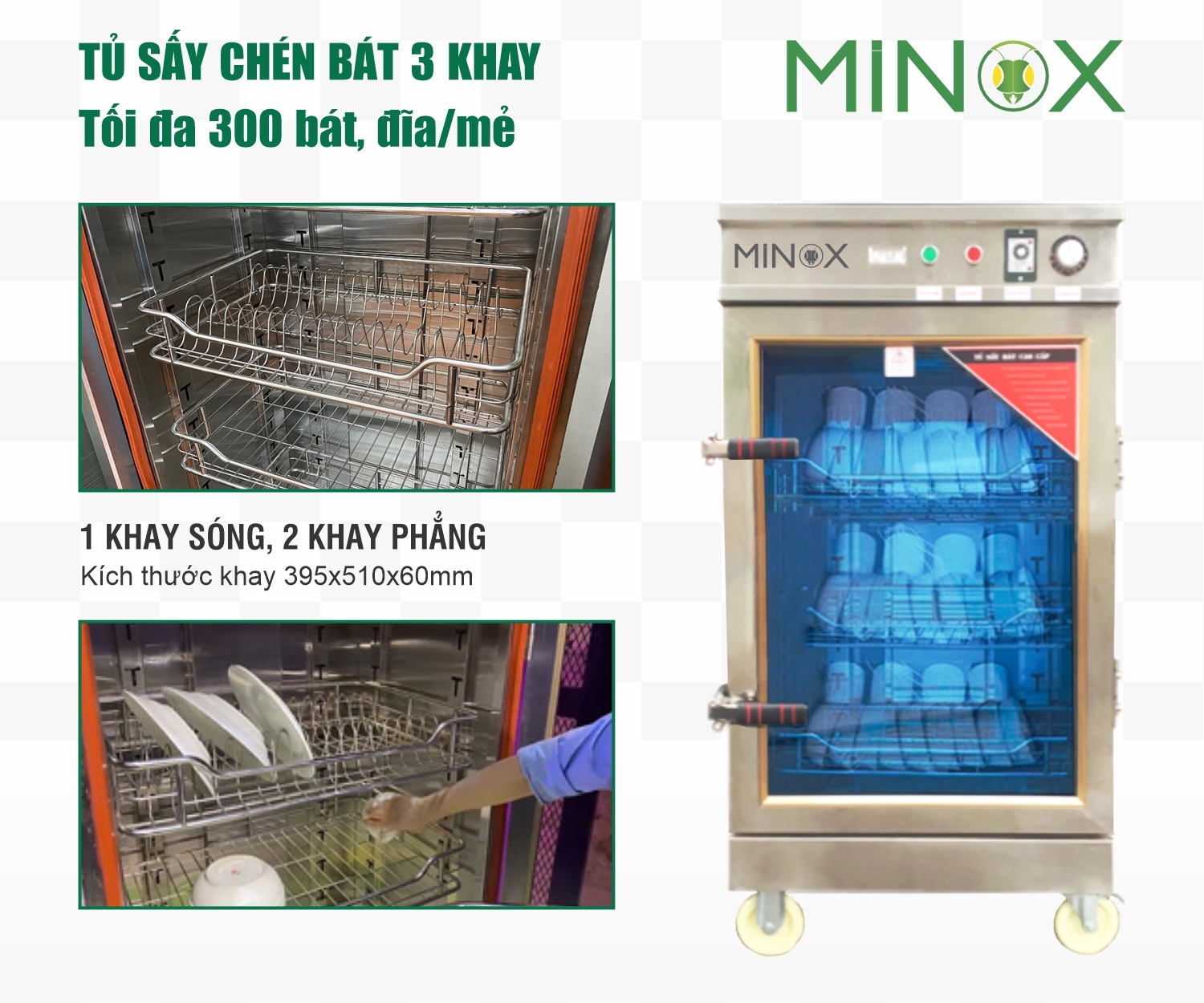 Tủ sấy bát chén công nghiệp 1 buồng 3 khay