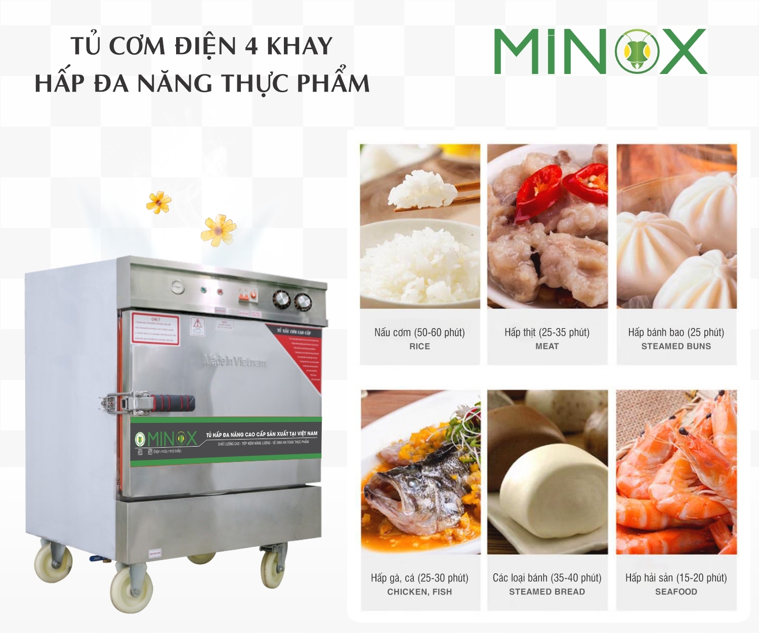 Tủ nấu cơm 4 khay điện hẹn giờ